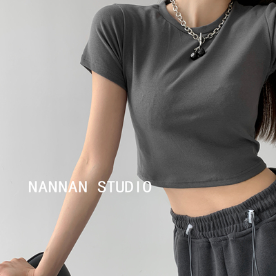taobao agent Spring colored short short sleeve T-shirt, top, with short sleeve, round collar