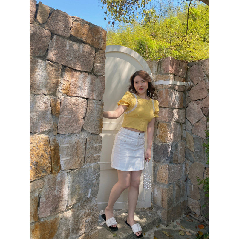 JML姜麦粒 法式花边泡泡袖短上衣两色可爱清新小姐姐2022夏季新款