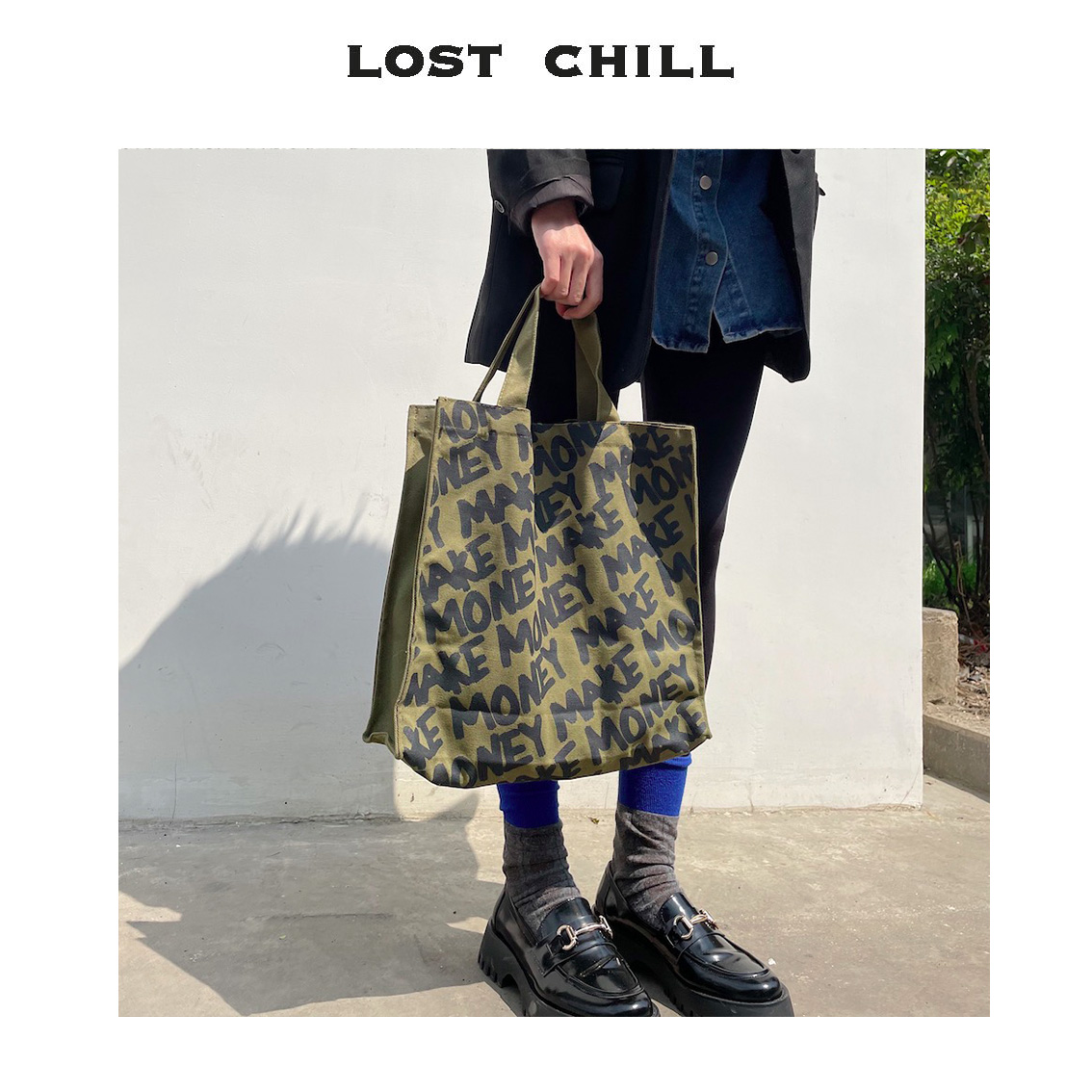 Portable & In StockLostChill-ins Japan and Korea handbag letter Graffiti personality Cool girl male Canvas bag bag Army green Tote Bag