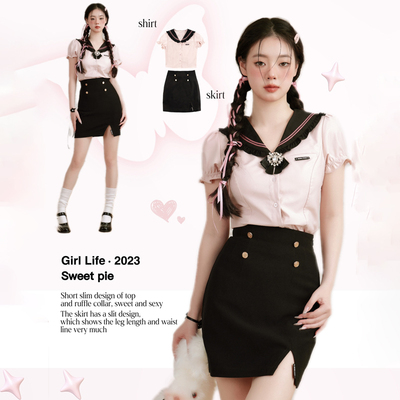 taobao agent Lifegirl Korean uniform Wu Meizi Sauce Girl Pink Ballet Girls Slender Spicy Girl Bag Hip Skirt Set