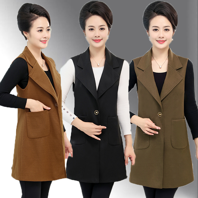 Mùa thu và mùa đông trung và cũ của phụ nữ tuổi vest không tay áo khoác mẹ túi dài vest top kích thước lớn hoang dã vest