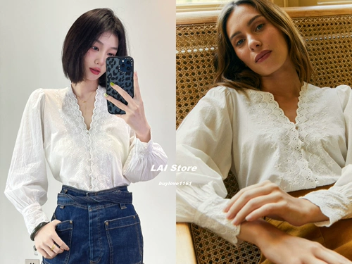 [Домашнее место] Petite Mendigote French Hollow Lace V -Neckline Рубашка Софи
