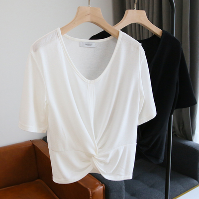 出韩国货~丝光棉打结T恤女短袖内搭短款白色宽松春夏韩版薄款上衣
