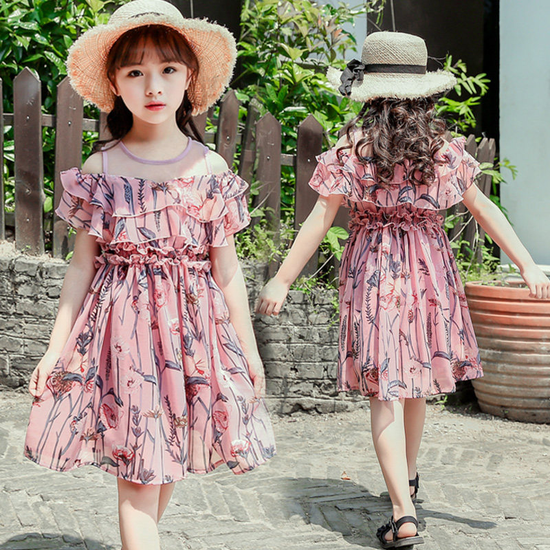 女童夏装连衣裙2018新款洋气儿童大童夏季露肩雪纺裙子潮12-15岁