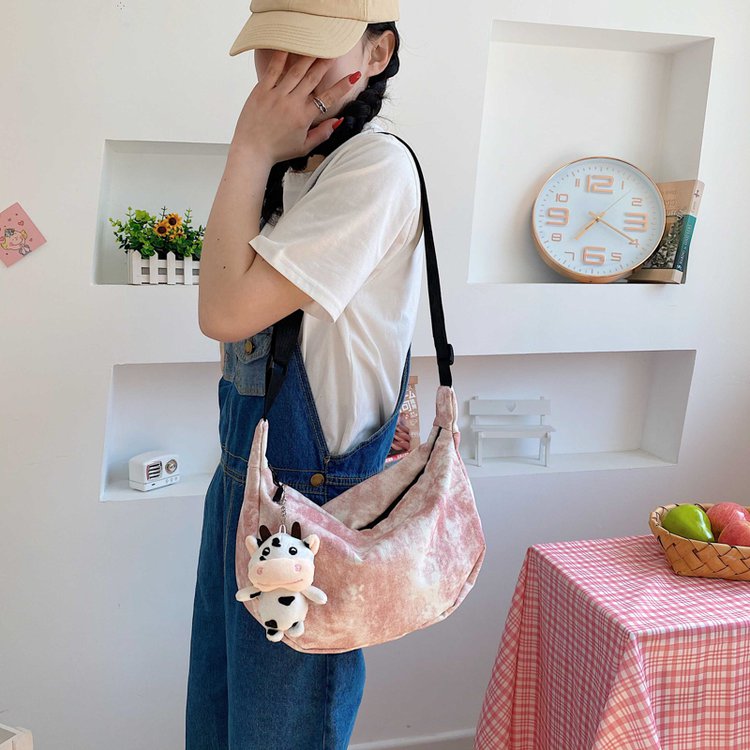 Pink Pendant With Main Picturesolar system Harajuku chic Sense of antiquity girl tie-dyed Soft girl Canvas bag Korean version ins Simplicity Inclined shoulder bag Dumplings