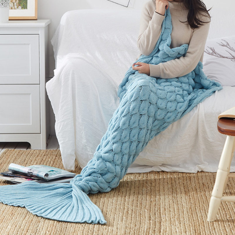 New Stereo Fish Scale - Sky BlueIt's in my ear new pattern INS mermaid Tail hair blanket Fish tail Air conditioning blanket Sofa blanket knitting Leisure blanket Nap blanket