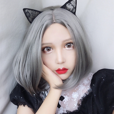 taobao agent Harajuku Grandma gray wig girl without trace bangs short straight hair style versatile pear blossom head is thin