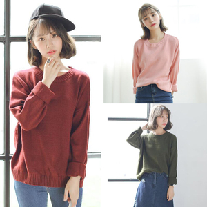 2018 mùa xuân Hàn Quốc phiên bản mới lỏng đơn giản màu rắn đáy áo len cổ tròn dài tay áo thun áo len nữ sinh viên