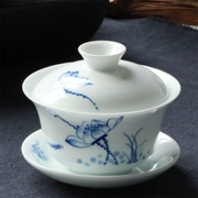 New Đức Hoa gốm gốm vẽ tay Hoa sen Bát sứ màu xanh và trắng Bàn tay đất sét Chén ba bát Cup Kung Fu Bộ trà Chén - Trà sứ