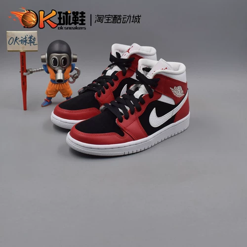 Женские баскетбольные кроссовки средней высоты Air Jordan 1 Mid AJ1 черно-бело-красные Little Chicago BQ6472-601