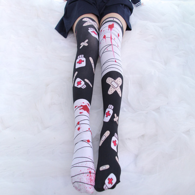 【撩汉出品】原创绷带创口贴印花过膝袜 天鹅绒大腿袜高筒袜-淘宝网