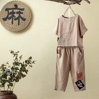 Летняя футболка с коротким рукавом, наклейки, пластырь, ретро штаны, комплект, оверсайз, из хлопка и льна