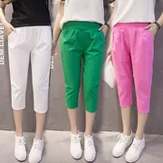 7 điểm quần nữ 2018 mùa hè cotton và linen quần linen cắt quần cao eo kích thước lớn lỏng quần harem quần âu phụ nữ