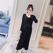 Trang phục bà bầu 2018 mùa thu mới phiên bản Hàn Quốc của áo cổ chữ V không cổ ren dệt kim thời trang bà bầu hot mom