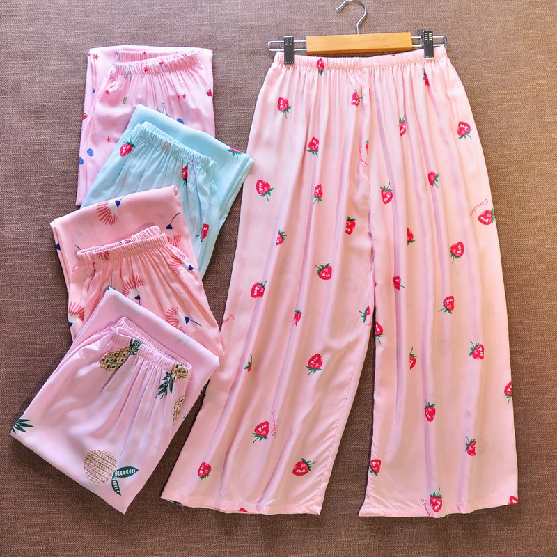 Bộ đồ ngủ nữ cotton lụa mùa hè quần đi biển cotton lụa bảy điểm mỏng quần ống rộng mùa hè có thể mặc ngoài quần ở nhà - Quần tây