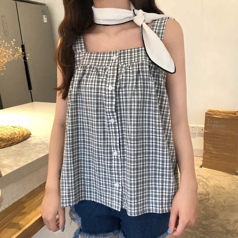 韩版文艺格子吊带背心上衣宽松显瘦小清新内搭外穿度假沙滩女装夏