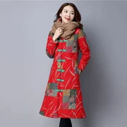 2019 mùa thu đông mẫu cổ áo phong cách Trung Quốc cổ áo khóa in áo bông nữ văn học cotton và áo khoác lanh áo choàng retro áo choàng - Bông