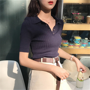 Hàn quốc phiên bản của V-cổ retro ve áo skinny slim màu rắn dệt kim ngắn tay POLO áo sơ mi Mỏng áo thun áo sơ mi mùa hè sinh viên áo len đẹp