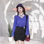 Hồng Kông hương vị retro chic chữ thập strap dài tay đan mặt trời áo bảo vệ eo đàn hồi túi hip đàn hồi váy phù hợp với phụ nữ