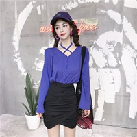 Hồng Kông hương vị retro chic chữ thập strap dài tay đan mặt trời áo bảo vệ eo đàn hồi túi hip đàn hồi váy phù hợp với phụ nữ bộ đồ