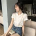 Mùa hè mới của Hàn Quốc phiên bản của chic ren khâu giả hai mảnh áo sơ mi hoang dã cổ tròn ngắn tay đan áo len T-Shirt áo phông rộng Áo phông