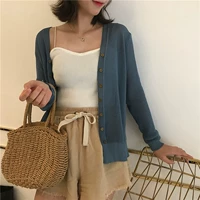 Mùa hè của phụ nữ Hàn Quốc phiên bản của V-Cổ knit cardigan bên ngoài bằng gỗ tai ngắn điều hòa không khí áo sơ mi phần mỏng kem chống nắng khăn choàng áo khoác áo cardigan nữ