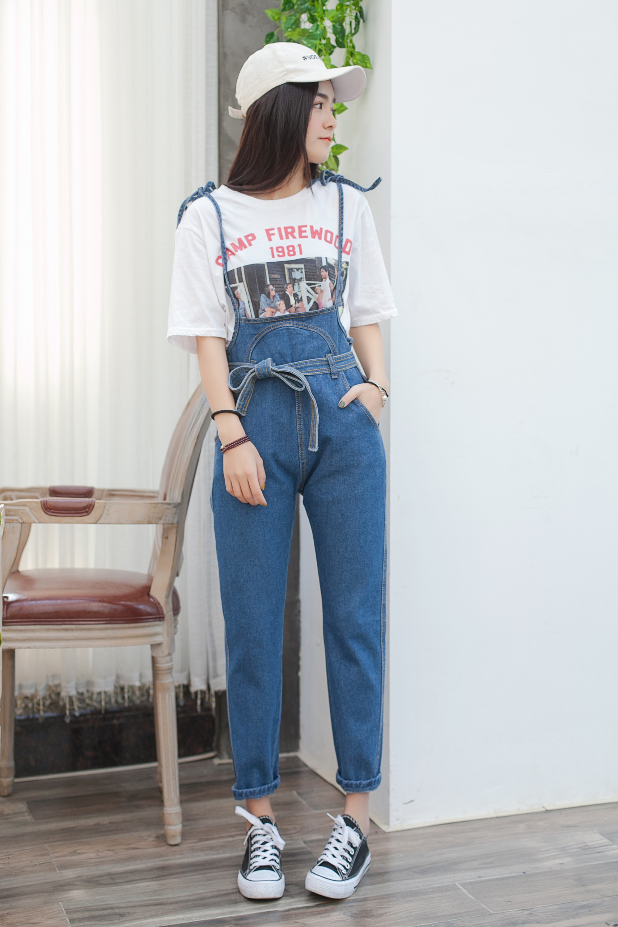 修身牛仔背带裤女学院风牛仔裤显瘦高腰蝴蝶结系带长裤6025