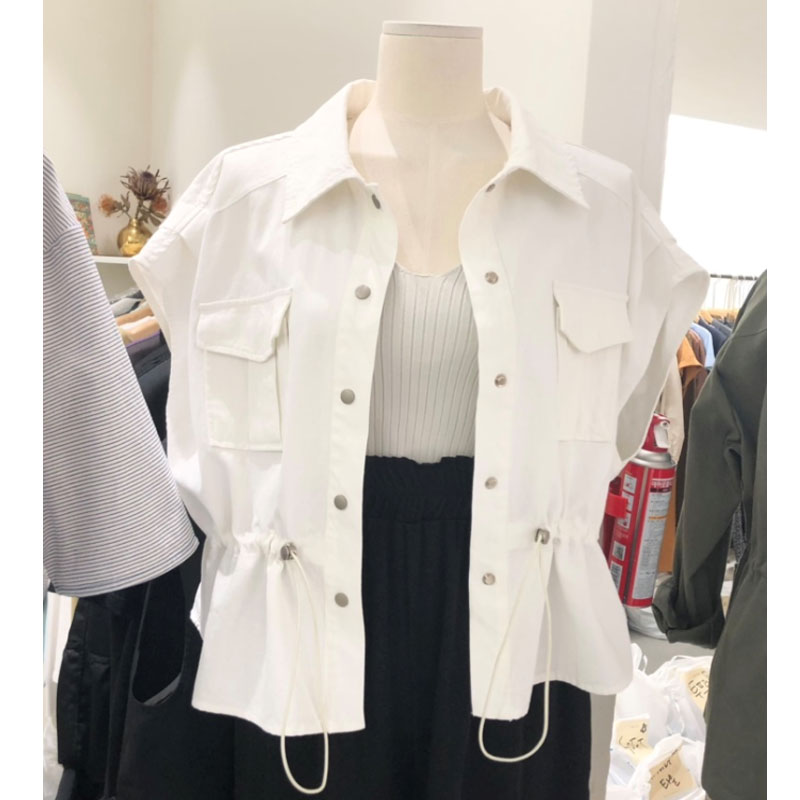 Whitethe republic of korea Dongdaemun 2021 summer new pattern fashion Lapel Buckle Drawstring Close your waist Show thin Sleeveless Vest jacket female