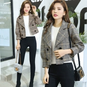 Áo khoác len ngắn nữ mùa thu đông thời trang Hàn Quốc phiên bản thắt lưng chín điểm tay áo kẻ sọc cao ngang eo áo