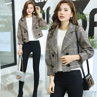 Áo khoác len ngắn nữ mùa thu đông thời trang Hàn Quốc phiên bản thắt lưng chín điểm tay áo kẻ sọc cao ngang eo áo áo dạ đẹp mùa đông 2020