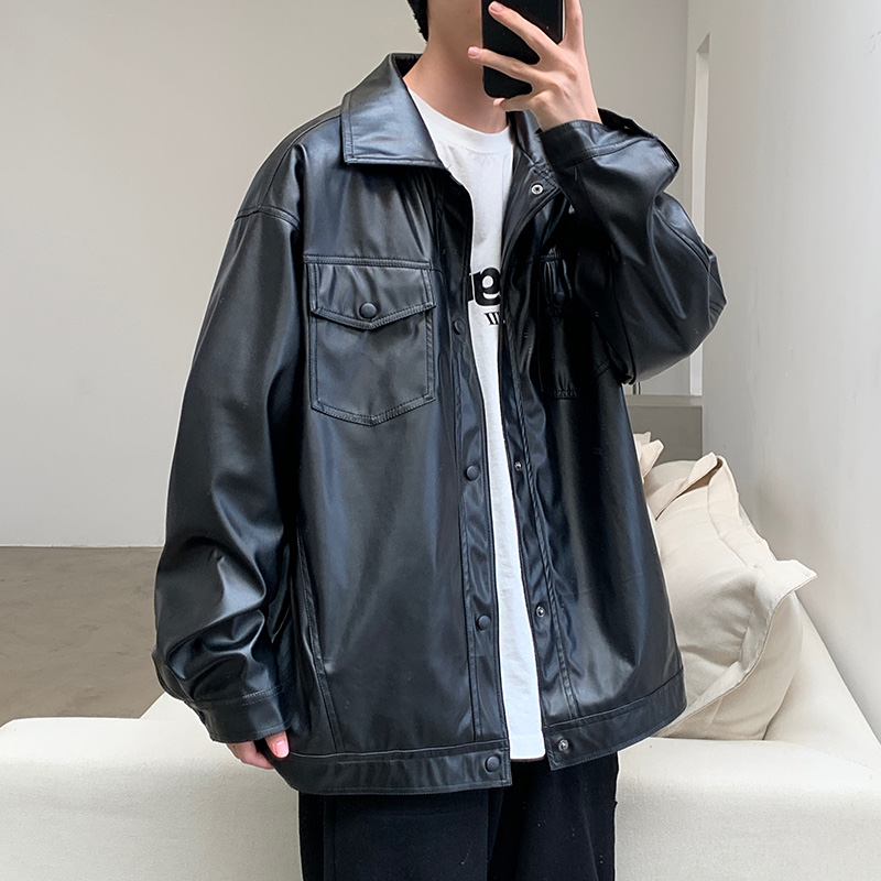 Black@ Fangshao Menswear Port style spring Ruffian handsome jacket male Solid color easy trend Single breasted locomotive Korean version leather jacket