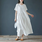 Đầu thu mới thiết kế ban đầu bằng vải cotton và vải lanh cho phụ nữ dài đoạn ngắn tay áo trắng áo choàng kiểu quốc gia Váy dài Zen - Váy dài
