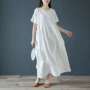 Đầu thu mới thiết kế ban đầu bằng vải cotton và vải lanh cho phụ nữ dài đoạn ngắn tay áo trắng áo choàng kiểu quốc gia Váy dài Zen - Váy dài đầm xòe dài qua gối