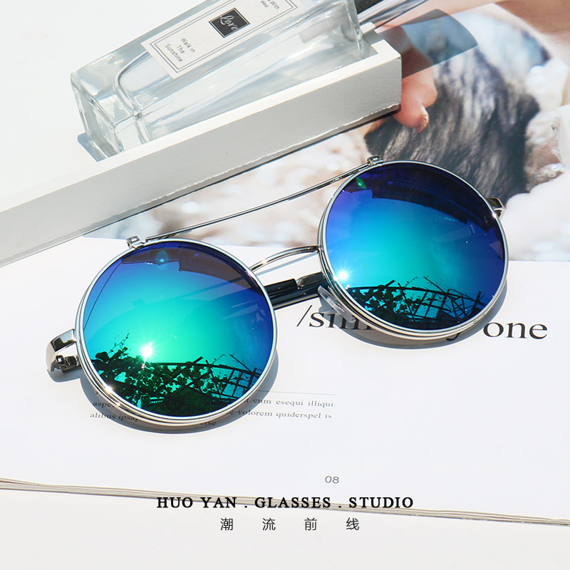 Silver Framed Green MercuryG-Dragon Same double-deck Flap Sunglasses Dual purpose Upturning Sunglasses Retro Large frame circular glasses Can match myopia