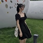 Hồng Kông hương vị retro chic sóng điểm vuông cổ áo phồng tay áo eo giảm béo váy 2018 tính khí mới Một từ váy thủy triều váy chữ a dài