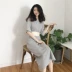 Dora Chaoren Hall Hồng Kông hương vị retro chic vòng cổ đơn giản tie váy màu rắn ngắn tay slim dress nữ mùa hè váy chiết eo Váy eo cao