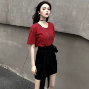 Của phụ nữ thời trang quai hip váy mùa thu Hàn Quốc phiên bản của chic hoang dã cao eo váy + màu rắn T-Shirt hai mảnh