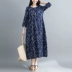 2018 mùa hè mới phong cách cao eo đu lớn dress kích thước lớn in lỏng bảy điểm tay áo robe cotton và linen dress 	váy xếp ly eo Váy eo cao