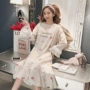 Váy ngủ nữ mùa thu cotton dài tay học sinh Hàn Quốc dễ thương bộ đồ ngủ mùa xuân và mùa thu mẫu lỏng kích thước lớn dịch vụ tại nhà váy ngủ cao cấp