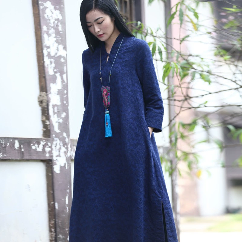 Mùa thu 2018 phong cách mới cổ chữ V văn học cổ điển phong cách Trung Quốc cải tiến sườn xám váy jacquard hình chữ H váy dài rộng quần áo phụ nữ - Váy dài