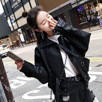 Mùa thu 2018 mới của Hàn Quốc phiên bản của màu đen lỏng đầu máy pu da phụ nữ ngắn ngắn tay áo giản dị áo khoác da áo khoác da lộn lót lông nữ