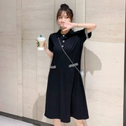 Váy bà bầu mùa hè 2019 thời trang mới POLO cổ áo tua rua khâu áo thun váy rộng mang bầu - Áo thai sản