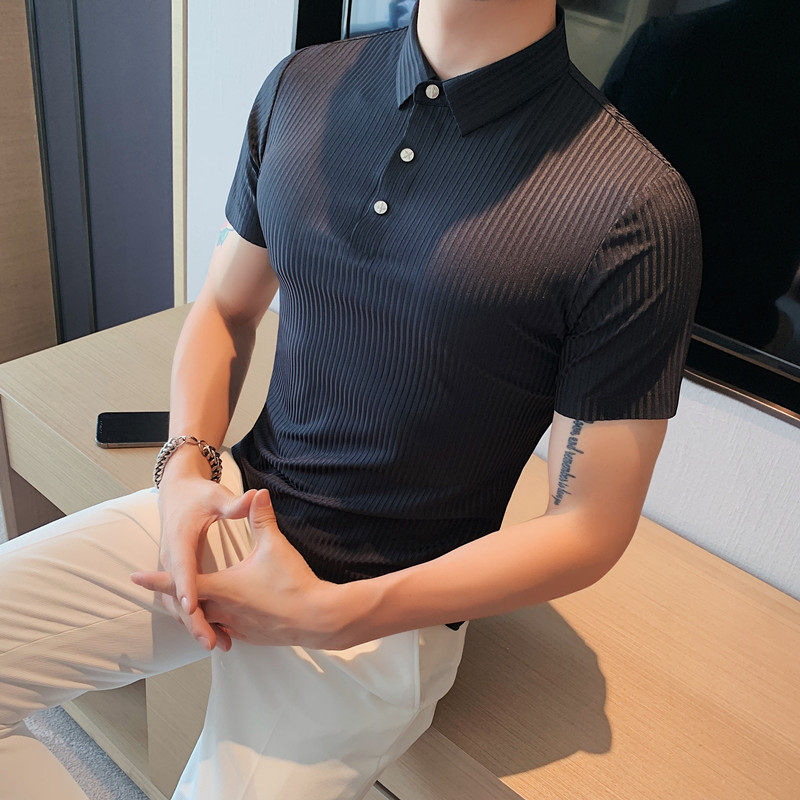 Light luxury summer thin, high-end, seamless embossed short-sleeved Polo shirt for men, slimming striped lapel T-shirt for men
