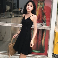 Mùa hè mới của Hàn Quốc phiên bản của chic sexy V-Cổ chữ thập strap dress Slim mỏng cao eo đáy Một từ váy nữ đầm xòe cao cấp