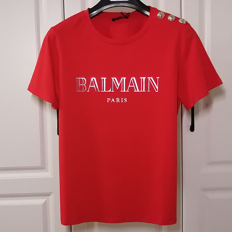 Red Silver2021 Spring and summer new pattern balmain Half sleeve Star of the same style shoulder  Gold clasp gilding letter Short sleeve Balman T-shirt