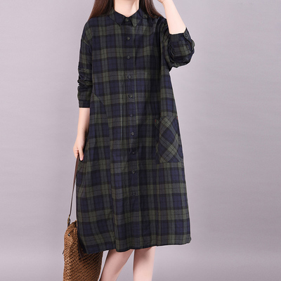 taobao agent Italian brand clearance leaks foreign trade tail export checkered mid -length shirt skirt cotton linen dress