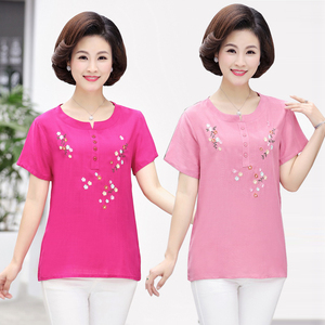 Phụ nữ trung niên của mùa hè áo sơ mi thêu ngắn tay cotton và linen T-Shirt kích thước lớn trung niên mẹ nạp lỏng kích thước lớn mới