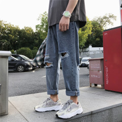Boys' pants ins original night trend jeans Korean loose straight beggars' pants summer ripped cropped pants