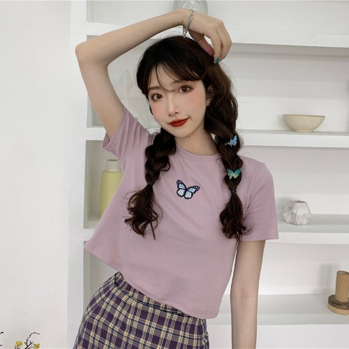 Butterfly T-shirtbm Sweet and spicy wind butterfly Embroidery Short sleeve T-shirt female 2021 summer Korean version lattice High waist skirt fashion suit