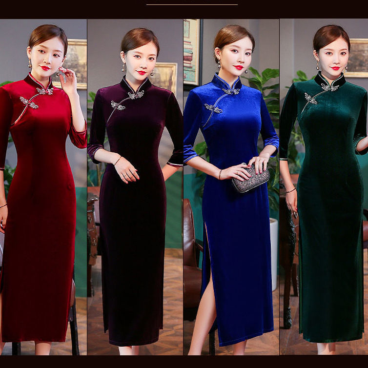 Velvet long retro fashionable cheongsam, bright catchy style